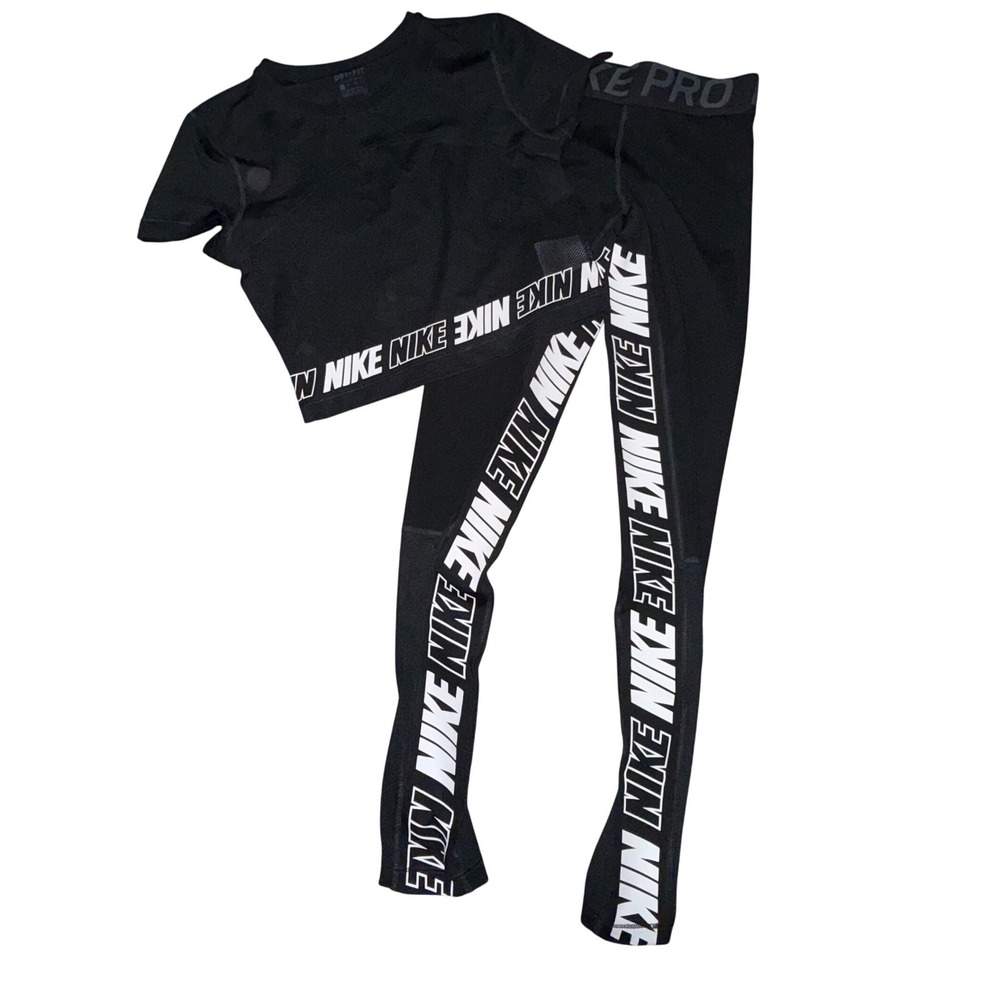 Nike Pro Set XS Black Dri-FIT Crop Top Leggings Mesh Logo Athleisure Gymwear